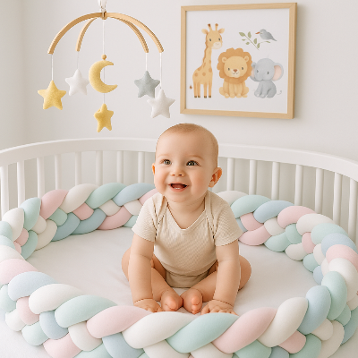 Avec bébé le tour de lit tressé évolue 