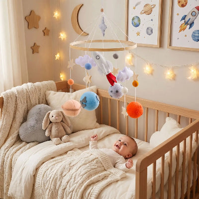Bébé heureux dans son lit avec mobile bébé