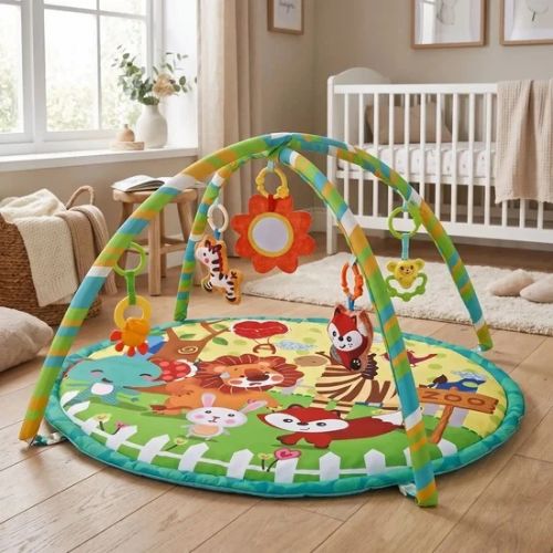 Tapis d'éveil vert agrémenté d'animaux 