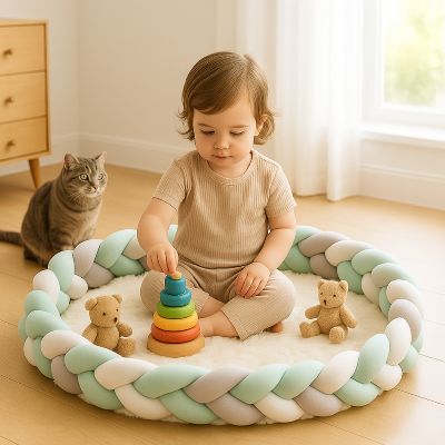 Tresse de lit bébé est fillette s'amuse en conpagnie de son chat