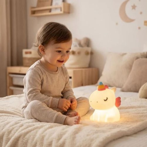 Assis sur son lit petit regarde veilleuse bébé
