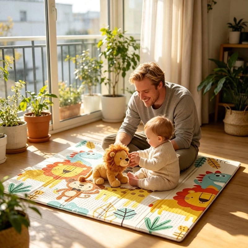 Assis sur tapis bebe avec papa et mon toutou
