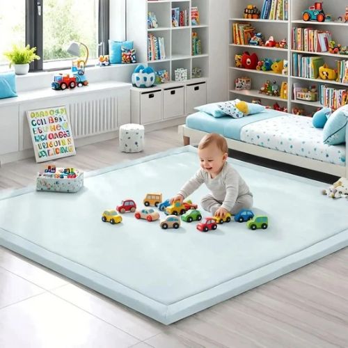 Bebe joue avec les voitures sur tapis bebe chambre