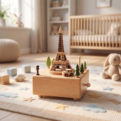 Boite à musique bébé sur un tapis coloré