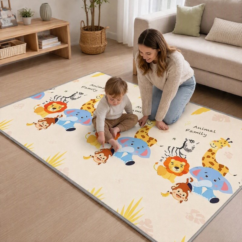 Enfant explore en compagnie de maman sur tapis bebe chambre