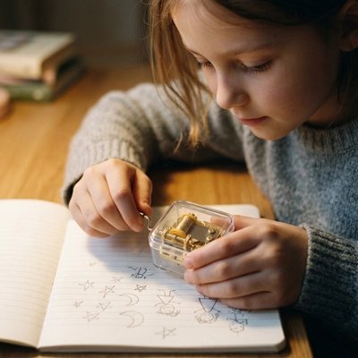 La fillette tourne la manivelle de la boite à musique​