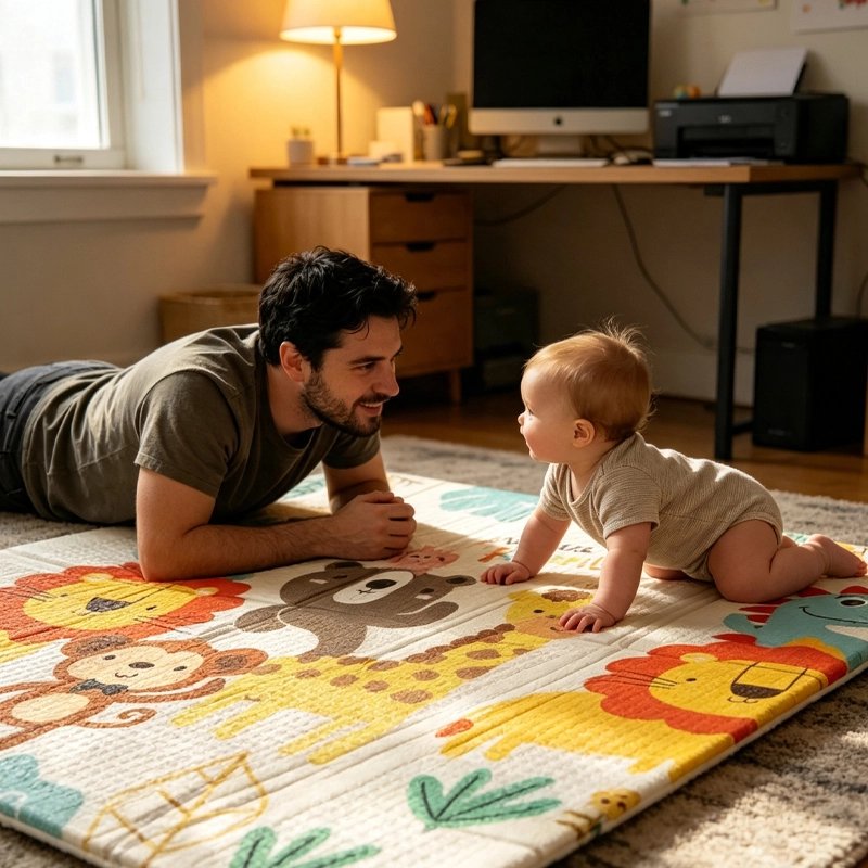 Le papa est etendu sur tapis bebe et regarde son fils
