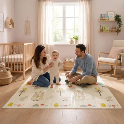L'enfant fait ses premiers pas sur tapis eveil bebe 