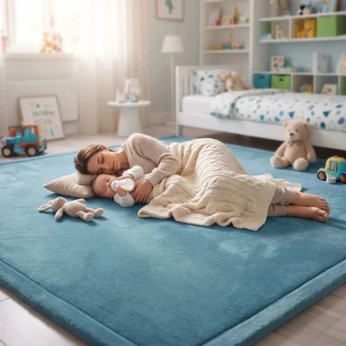 Maman et bebe font la sieste sur tapis bebe chambre