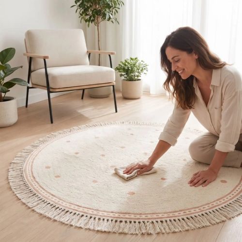Maman nettoie le tapis de sol bébé
