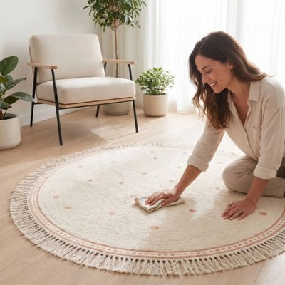 Maman nettoie le tapis de sol bébé