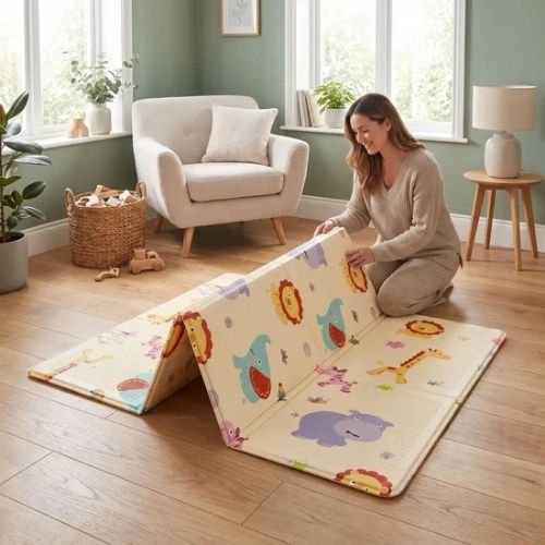 Maman plie avec douceur tapis bebe