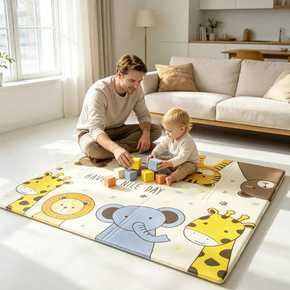 Papa joue avec son petit enfant sur tapis bebe