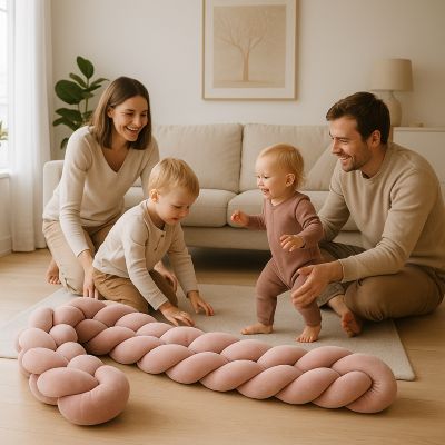 papa maman bebe heureux autour tresse de lit