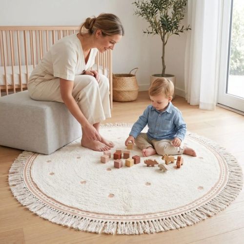 Petit garçon avec maman sur tapis de sol bébé