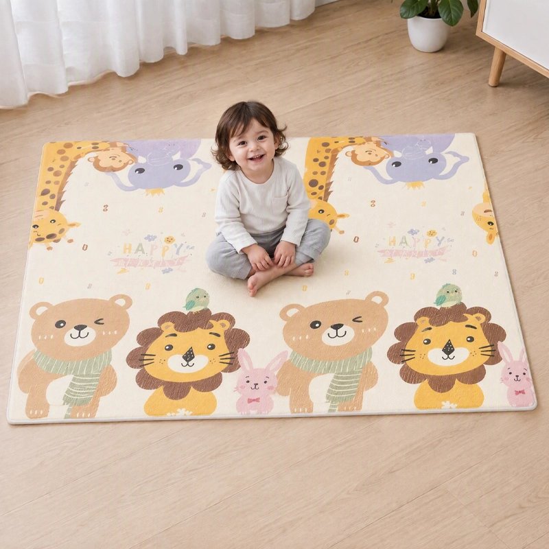 Tapis bebe chambre enfant assis dessus avec grand sourire