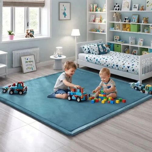 Tapis bebe chambre les deux freres s'amusent aves les blocs 