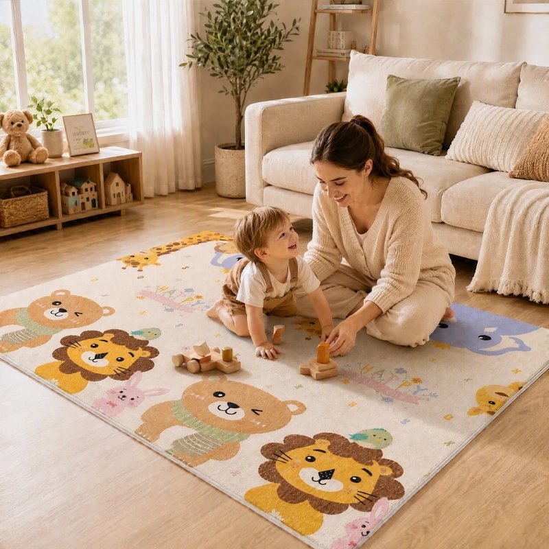 Tapis bebe chambre maman qui joue avec son petit